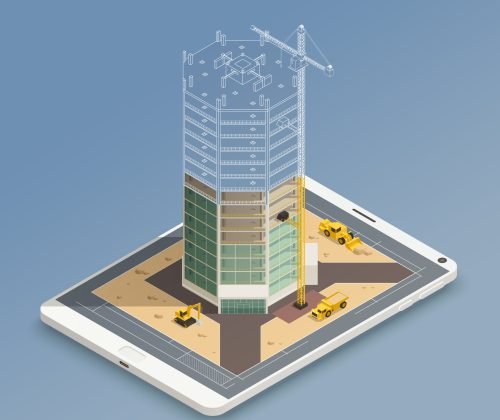 Skyscraper construction on smart phone screen isometric composition with steel tubes frame and yellow machinery vector illustration